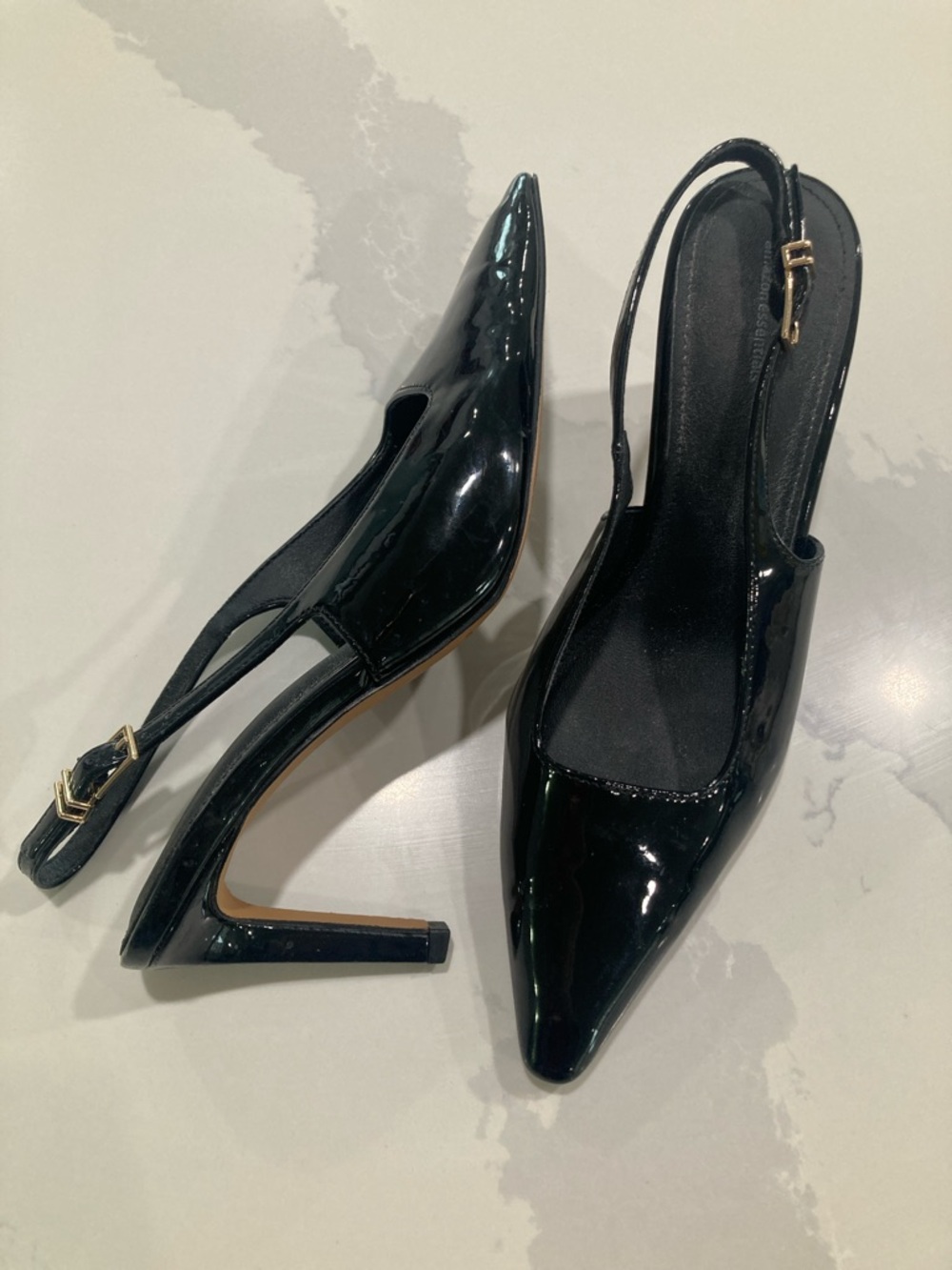 Black Patent Pointed-Toe Slingback Heels